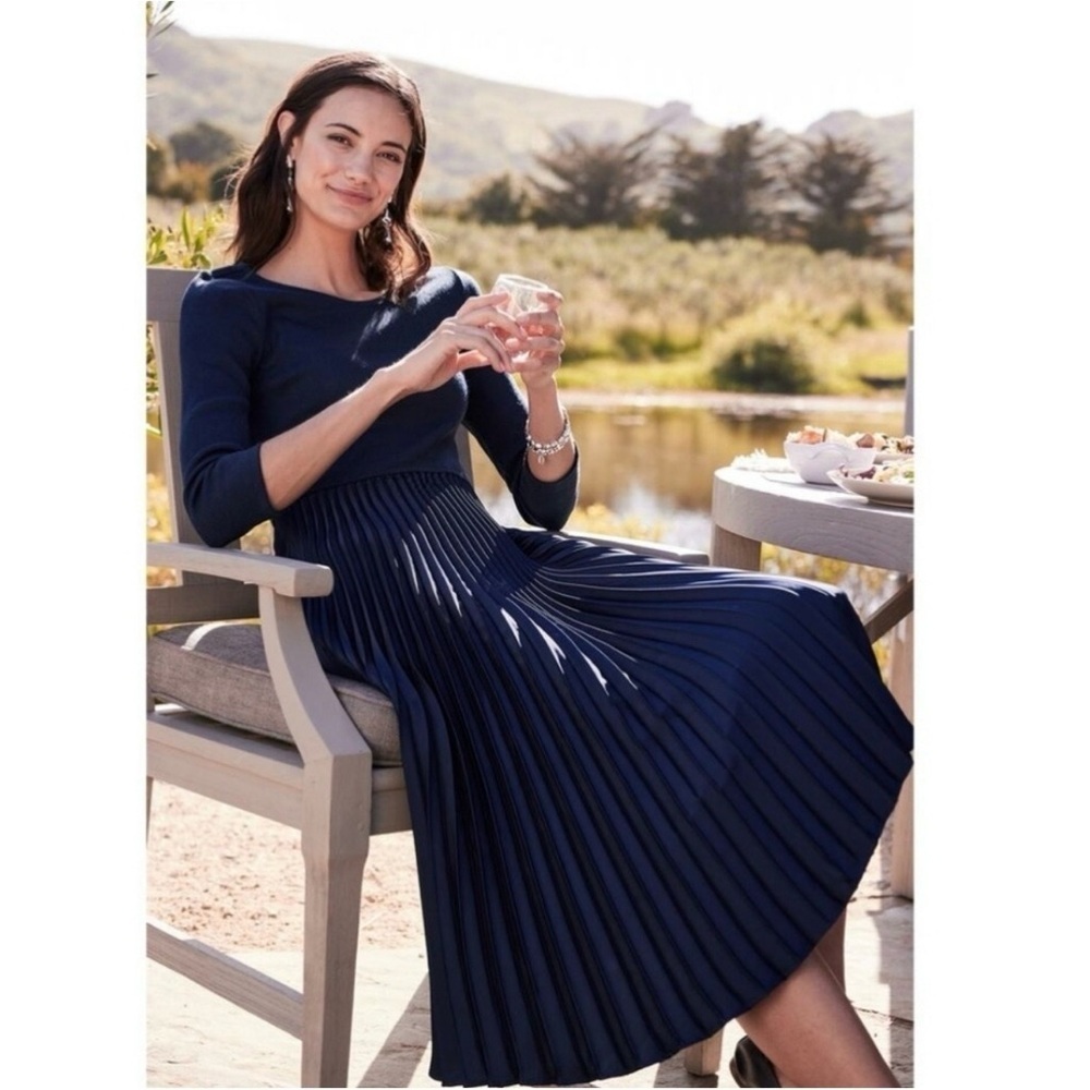 Soft Surroundings NWT Cassandra Navy Blue Pleated Skirt Long Sleeve Midi Dress M